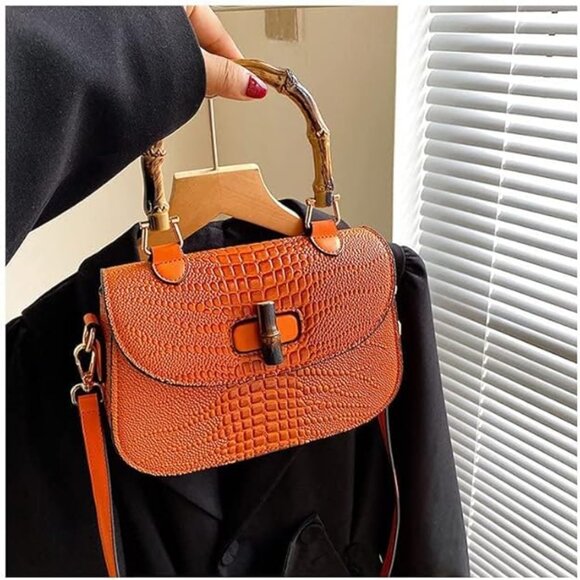 Neiman Marcus Bamboo Handle Crocodile Print Top Handle Bag - Picture 1 of 8